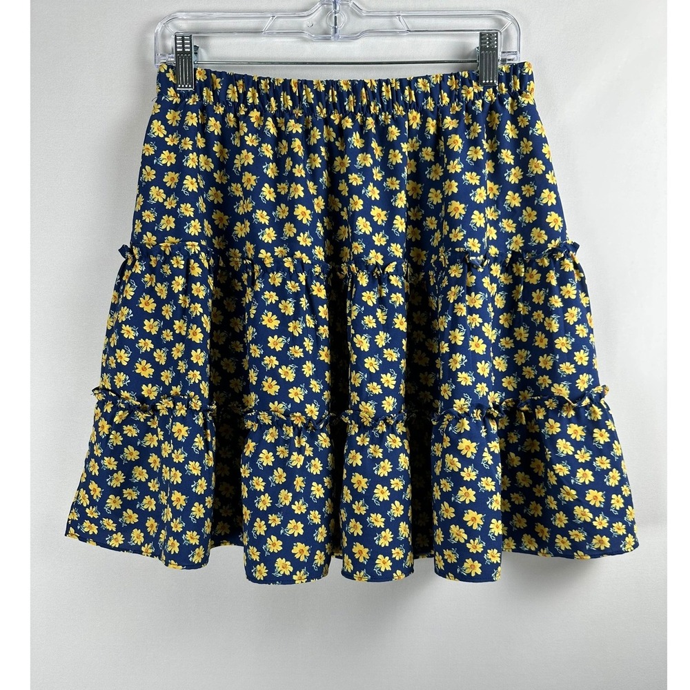 NEW Daisy Floral Tiered Mini Skirt Women L Blue Yellow Elastic Waist Cottagecore